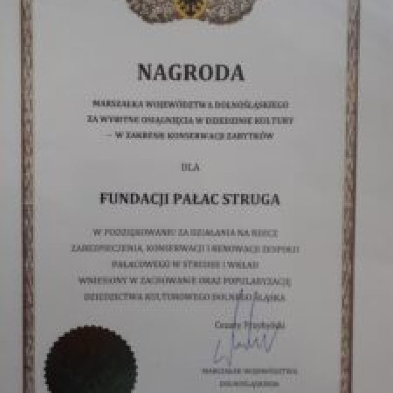 Nagroda Marszałka-dyplom.Fundacja Pałac Struga.2022.09.11